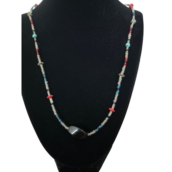 Beaded Necklace With Black Onyx & Mixed Colorful Beads 24” - Picture 2 of 4